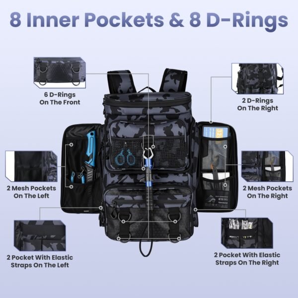 42L 11Gal Fishing Backpack Large Capacity Fishing Tackle Storage Bag With Rod Holders 16 Pocket Water-Resistant With Divider Adjustable Padded Straps For Fishing Gear Outdoor Camping Hiking