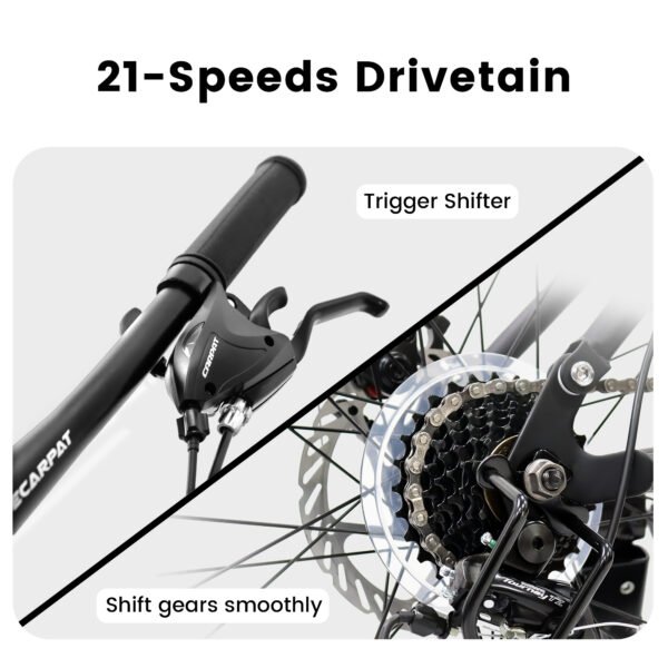 76fba3c9-d6f6-47de-8b55-c626676ba236.jpg A2460 24 Inch Mountain Bike With Full Suspension, 21 Speed Shifter Lever With Gear Indicator, High Carbon Steel Frame, Mechanical Disc Brakes, Unisex For Men Women Adults, Ideal For Trails.
