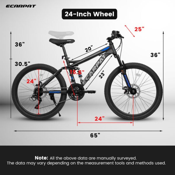 cc8ee24c-e494-4281-b8c2-db004fe90c18.jpg A2460 24 Inch Mountain Bike With Full Suspension, 21 Speed Shifter Lever With Gear Indicator, High Carbon Steel Frame, Mechanical Disc Brakes, Unisex For Men Women Adults, Ideal For Trails.