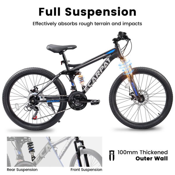 e55794eb-d617-4c24-b9a1-3daf9213970a.jpg A2460 24 Inch Mountain Bike With Full Suspension, 21 Speed Shifter Lever With Gear Indicator, High Carbon Steel Frame, Mechanical Disc Brakes, Unisex For Men Women Adults, Ideal For Trails.